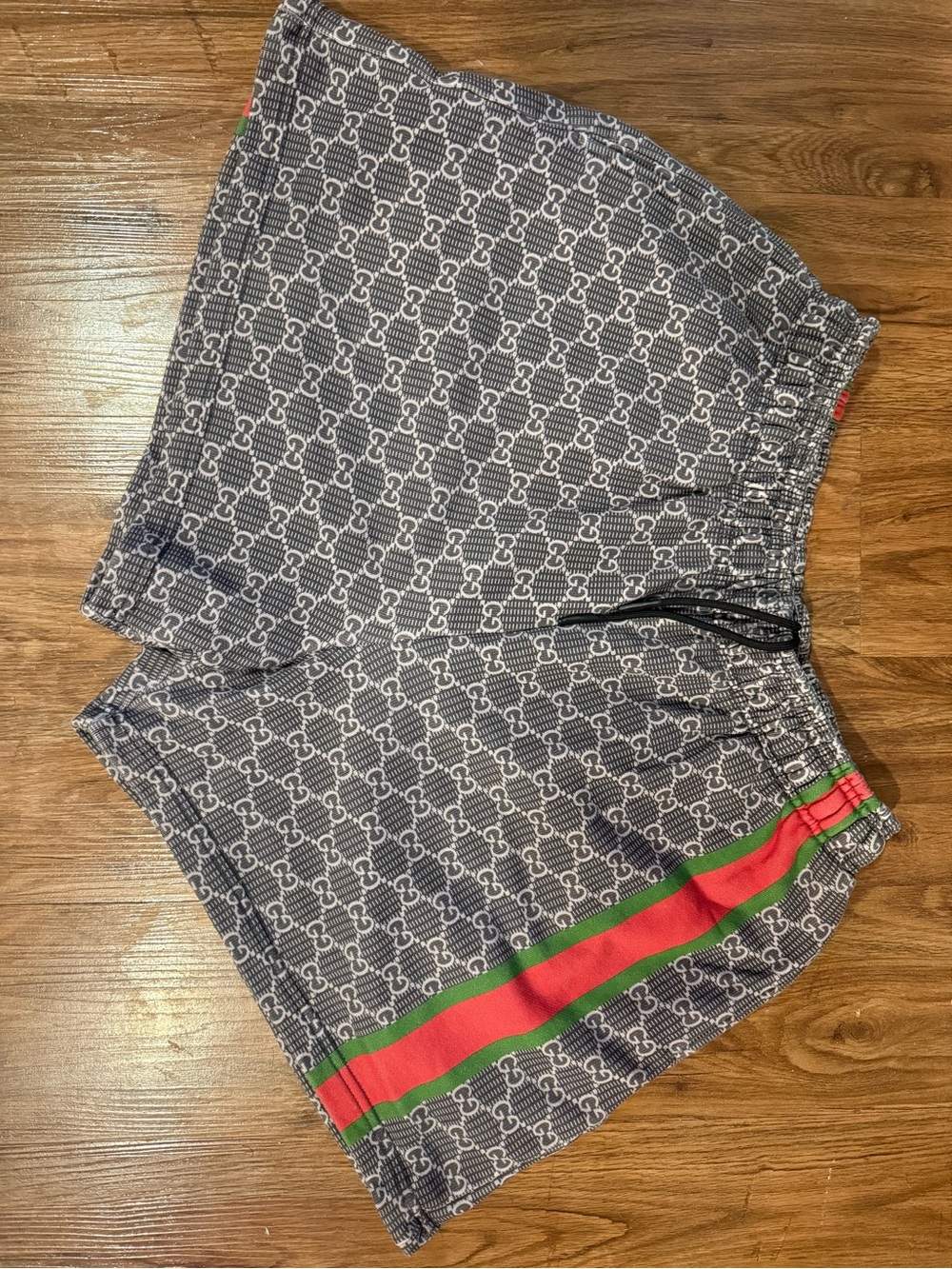 Bravest Studios Grey All-Over GG Logo Athletic Shorts with Red & Green Stripe XL